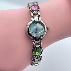 Vintage Mother of Pearl Face Watch Multi Gemstone Links Japan Quartz 7”